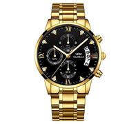 DREAMING Q&P Gold Stainless Steel Men's Wrist Watches Analog Quartz Black Military Chronograph Mutifunctional Crystal Wristwatch for Man with Date Calendar
