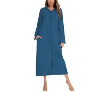 Dreamskull Bademantel Hoodie Sweatshirt Morgenmantel Damen Frauen Maxi Lang Warm Langarm mit Kapuze Reissverschluss Hauskleid Schlafkleid Schlafhemd Nachthemd mit Taschen Loose Fit S-2XL