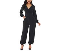 Dreamskull Damen Jumpsuit Overall Hosenanzüge Hosenanzug Elegant Festlich Langarm Business Sommer Lang Sexy Schick V Ausschnitt Lange Hose Beine Playsuit Romper Frauen mit Taschen (Schwarz, x_l)