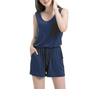 Dreamskull Jumpsuit Overall Damen Frauen Sommer Kurz Hosenanzug Romper Einteiler Ärmellos Elegant Sexy mit Taschen V Ausschnitt Strand Casual Locker Lässig Blau M