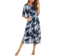 Dreamskull Nachthemd Schlafhemd Schlafshirt Damen Frauen Lang Langarm mit Taschen Reissverschluss Blumen Nachtkleid Nachtwäsche Kleid Hemd Schlaf Kleider zum Schlafen 3/4 Langer Arm Locker Winter Warm