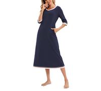 Dreamskull Nachthemd Schlafhemd Schlafshirt Damen Frauen Langarm Lang mit Taschen V-Ausschnitt Winter Nachtkleid Sleepshirt Nachtwäsche Kleid Hemd Schlaf Kleider zum Schlafen 3/4 Langer Arm
