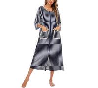 Dreamskull Nachthemd Schlafhemd Schlafshirt Damen Langarm Lang Winter Warm Gestreift mit Taschen Rundhals Streifen Frauen Nachtkleid Nachtwäsche Kleid Hemd Schlaf Kleider Shirts 3/4 Langer Arm
