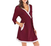 Dreamskull Nachtwäsche Nachthemd Damen Frauen Langarm Knielang Sexy Baumwolle Schlafmantel Nachtshirt Sleepshirt Schlafkleid Kleid Schlafen Winter Herbst mit Taschen 3/4 Arm (Rot, XL)