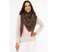 Dreieckstuch ZWILLINGSHERZ "Leo Leo", Damen, braun, Plüsch, Polyester, kontrastfarbene Details, mehrfarbig, Modetücher, Leomuster, pinke Kante, Teddyoptik (94901832-0) braun