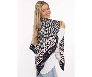 Dreieckstuch ZWILLINGSHERZ "Stay Wild", Damen, schwarz-weiß (navy), Strick, Materialmix, gemustert, mehrfarbig, Modetücher, Schriftzug und Leomuster, wärmend, Strick (40744543-0) navy