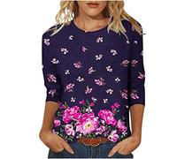 Dreiviertelärmel Bluse Damen Rundhals Tshirt Oberteile Mode Blumendruck Tunika Shirt Sommer Tops Longbluse Pullover Bequeme Teenager Mädchen T-Shirt Boho T Shirts Blusentops Hemden für Geschenk