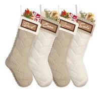 Dremisland 4 Stück Große Weihnachtsstrumpfe Personalisiert 46cm Khaki Weiß Nikolausstrumpf mit Namensschilder Gestrickt Weihnachtssocken Kamin Christmas Stockings für Feiertags Familien Party Dekor