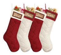 Dremisland 4 Stück Große Weihnachtsstrumpfe Personalisiert 46cm Rot Weiß Nikolausstrumpf mit Namensschilder Gestrickt Weihnachtssocken Kamin Christmas Stockings für Feiertags Familien Party Dekor