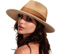 DRESHOW Damen Panama Hut Breiter Krempe Stroh Sommer Fedora Strohhut Panama Aufrollen Hut Strand Rollbar UV Sonnenhut UPF 50 +
