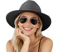 DRESHOW Damen Panama Hut Breiter Krempe Stroh Sommer Fedora Strohhut Panama Aufrollen Hut Strand Rollbar UV Sonnenhut UPF 50 +