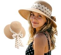 DRESHOW Sonnenhüte für Damen Reise Fedora Faltbarer Strand Sonnenhut Sommer Breite Krempe Stroh Eimer Hut mit Bowknot UPF 50+