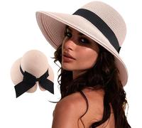 DRESHOW Sonnenhüte für Damen Reise Fedora Faltbarer Strand Sonnenhut Sommer Breite Krempe Stroh Eimer Hut mit Bowknot UPF 50+