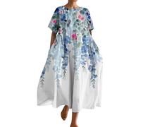 Dress Hawaii Kleid Damen a Linie Blumen Druck Rundhals Kurzarm Oversize Maxi Strand White for Women midi（Himmelblau, 3XL