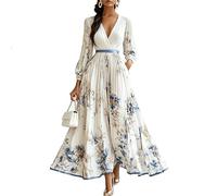 Dress Wedding Guest Women's Curvy Long Evening Dresses Elegant Women's Dress for a Festive Occasion Flowers Maxi Dresses Summer A Line Ball Cocktail Dress V Neck Fitted Party Dress (Long White,M)