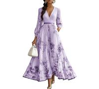 Dress Wedding Guest Women's Curvy Long Evening Dresses Elegant Women's Dress for a Festive Occasion Flowers Maxi Dresses Summer A Line Ball Cocktail Dress V Neck Fitted Party Dress (Long Purple,M)