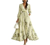 Dress Wedding Guest Women's Curvy Long Evening Dresses Elegant Women's Dress for a Festive Occasion Flowers Maxi Dresses Summer A Line Ball Cocktail Dress V Neck Fitted Party Dress (Long Yellow,M)