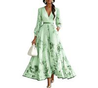 Dress Wedding Guest Women's Curvy Long Evening Dresses Elegant Women's Dress for a Festive Occasion Flowers Maxi Dresses Summer A Line Ball Cocktail Dress V Neck Fitted Party Dress (Long Green,XXL)