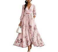Dress Wedding Guest Women's Curvy Long Evening Dresses Elegant Women's Dress for a Festive Occasion Flowers Maxi Dresses Summer A Line Ball Cocktail Dress V Neck Fitted Party Dress (Long pink,S)