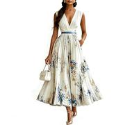 Dress Wedding Guest Women's Curvy Long Evening Dresses Elegant Women's Dress for a Festive Occasion Flowers Maxi Dresses Summer A Line Ball Cocktail Dress V Neck Fitted Party Dress (Short White,L)