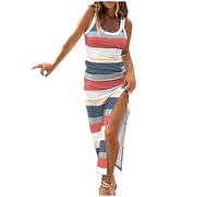 Dresses for Women Sleeveless Crew Neck High Waist Solid and Print Ribbed Drawstring Ruched Sexy High Slit Dresses Summer (Stripe,XL)
