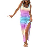 Dresses for Women Sleeveless Crew Neck High Waist Solid and Print Ribbed Drawstring Ruched Sexy High Slit Dresses Summer (Rainbow,L)