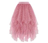 Dressever Damen Unregelmäßiger Tüllrock Mehrschichtiger Mesh Faltenrock A-Linie Hoher Taillierter Rock Ballett Tutu Abschlussball Party Karneval Party Rock Rosa Sequin Large