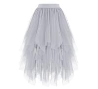 Dressever Damen Unregelmäßiger Tüllrock Mehrschichtiger Mesh Faltenrock A-Linie Hoher Taillierter Rock Ballett Tutu Abschlussball Party Karneval Party Rock Silber Large