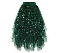 Dressever Damen Unregelmäßiger Tüllrock Mehrschichtiger Mesh Faltenrock A-Linie Hoher Taillierter Rock Ballett Tutu Abschlussball Party Karneval Party Rock Dunkelgrün Sequin Medium