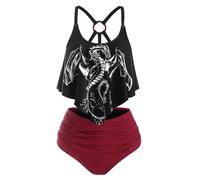 DRESSFO Damen Tankini-Badeanzüge, zweiteilig, gepolstert, gerüscht, Volant, Bikini-Set, gerüscht, hohe Taille, Gothic-Badeanzug, Schwarz_2, S