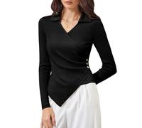DRESSTELLS Bluse Damen Elegant Lang Ärmel mit V-Ausschnitt Lässig Arbeit Blusen Tunika Shirt Tops Black L