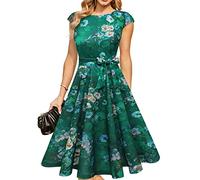 DRESSTELLS Cocktailkleid Damen Festliche Kleider 1950er Knielang Rockabilly Hochzeitkleid Abendkleid Kurz Swing Partykleid Vintage Petticoat Kleid Green Flower 2XL