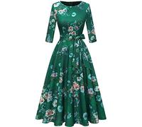 Dresstells Damen Cocktailkleid Konfirmationskleider Festliche Partykleider Midilang Cocktailkleid Abendkleid mit Gurtel Retro Langarm Faltenrock Green Flower 2XL