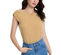 DRESSTELLS Damen Pullover Elegant Sommer Khaki Shirt Kurzarm Rundhals Sweatshirt Kurzarmpullover Gestreifte Tshirt Einfarbig Oberteil Casual Top LightKhaki S