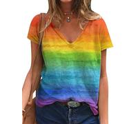 Dresswel Damen Regenbogen T-Shirt V-Ausschnitt Bunte Streifen Grafikdruck LGBTQ Lesbian Gay Pride Vintage Tee Shirt Oberteil Tops