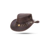 Driftwood Pioneer - Knautschbarer Western-Lederhut für Festivals & Outdoor | Vintage-Look mit Schweißband, Nieten & Büffel-Emblemen | Cowboyhut (DE/NL/SE/PL, Alphanumerisch, XL, Braun)