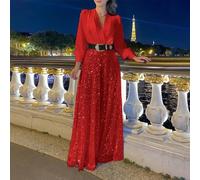 Drivstraw Damen Pailletten-Jumpsuit mit lockerem V-Ausschnitt und breiten Beinen, eleganter Abend-Party-Überwurf für Mode, einfarbiges Langarm-Top (weiß) (weiß (weiß (Whi(Wh(W((L Rot)