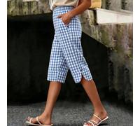 Drivstraw Damen Plaid Printed Casual Pants Loose Elastic Waist Regular Length Pants with Pockets for Vacation Holiday Beach Cycling Fitness Summer Wear(XXXL Blue)