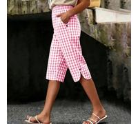 Drivstraw Damen Plaid Printed Casual Pants Loose Elastic Waist Regular Length Pants with Pockets for Vacation Holiday Beach Cycling Fitness Summer Wear(XL Pink)