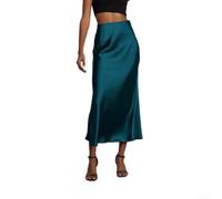 Drivstraw Damen seidiger Satin-Rock mit hoher Taille, elegant, einfarbig, lang, gerade, schmal, für Pendler, Urlaub, Party, Freizeitkleidung (L blau)