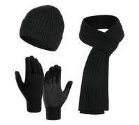 Droombouw Herren Wintermütze Strickmütze Langer Schal rutschfeste Touchscreen-Handschuhe Set mit Fleece gefüttert für Männer und Frauen Schwarz