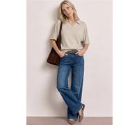 Poloshirt STREET ONE, Damen, Gr. 40, beige (clay sand), Jersey, Obermaterial: 50% Baumwolle, 50% Modal, unifarben, regular fit hüftbedeckend, V-Ausschnitt, abgesteppte Kante, Shirts, Sommershirt mit b