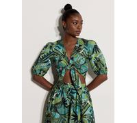 Druckbluse APRICOT "Top mit Patchwork-Muster aus tropischen Blättern", Damen, Gr. XL (42), blau (aqua), gewebt, Obermaterial: 100% Baumwolle CO., bedruckt, normal mini, V-Ausschnitt, Puffärmel Elastis