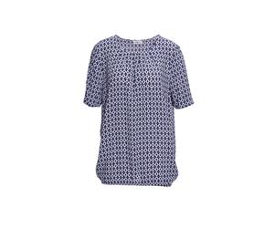 Druckbluse GOLDNER "Farbbrillante Druckbluse mit liebevollen Details", Damen, Gr. 42, blau (marine, weiß), Obermaterial: 100% Viskose CV., normal, Rundhals, weit Gerade, Blusen Druckbluse, Applikation