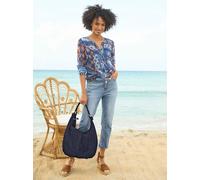 Druckbluse HEINE, Damen, Gr. 34, bunt (marine, ocker, bedruckt), 100% Polyester, Top:100% Viskose, bedruckt, geblümt, gemustert, mehrfarbig, Rundhals, Blusen Druckbluse (75928113-34) marine, ocker, be