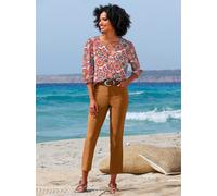 Druckbluse HEINE, Damen, Gr. 44, bunt (orange, blaugrün, bedruckt), 100% Viskose, bedruckt, geblümt, gemustert, mehrfarbig, Rundhals, Blusen Druckbluse (66251848-44) orange, blaugrün, bedruckt