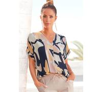 Druckbluse LASCANA, Damen, Gr. 44/46, bunt (bedruckt), Web, Obermaterial: 100% Viskose, bedruckt, figurumspielend hüftlang, tiefer V-Ausschnitt, Aufschlag, Blusen Druckbluse, mit kurzen Ärmeln und All