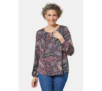 Druckbluse GOLDNER "Kurzgröße Druckbluse mit raffiniertem Ausschnitt", Damen, Gr. 21, lila (violett, gemustert), Obermaterial: 100% Viskose CV., figurumspielend, Gummibündchen, Blusen Druckbluse, Zier