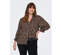 Druckbluse ONLY CARMAKOMA "CARRAYA 3/4 SHIRT WVN NOOS", Damen, Gr. 44, braun (silber mink aop:animal), Web, Obermaterial: 100% Viskose, bedruckt, regular fit normal, V-Ausschnitt, Blusen Druckbluse, V