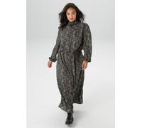Druckkleid ANISTON PLUS, Damen, Gr. 52, N-Gr, schwarz (schwarz, beige), Web, Obermaterial: 100% Viskose, gemustert, figurumspielend knöchellang, gesmokt mit Gummizug, Kleider Druckkleid, mit gesmoktem
